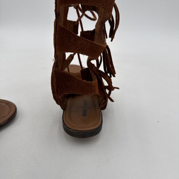 Minnetonka Brown Suede Gladiator Sandals 6 Womens Lace up Fringe Boho Festival - Picture 6 of 9